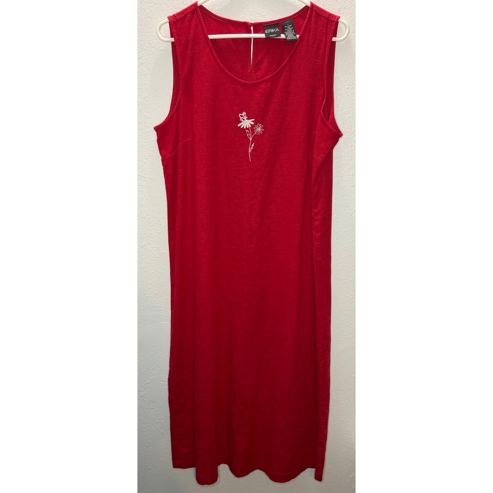 Erika Dress Women Large Red Linen Blend Embroidered Sleeveless Midi Lagenlook